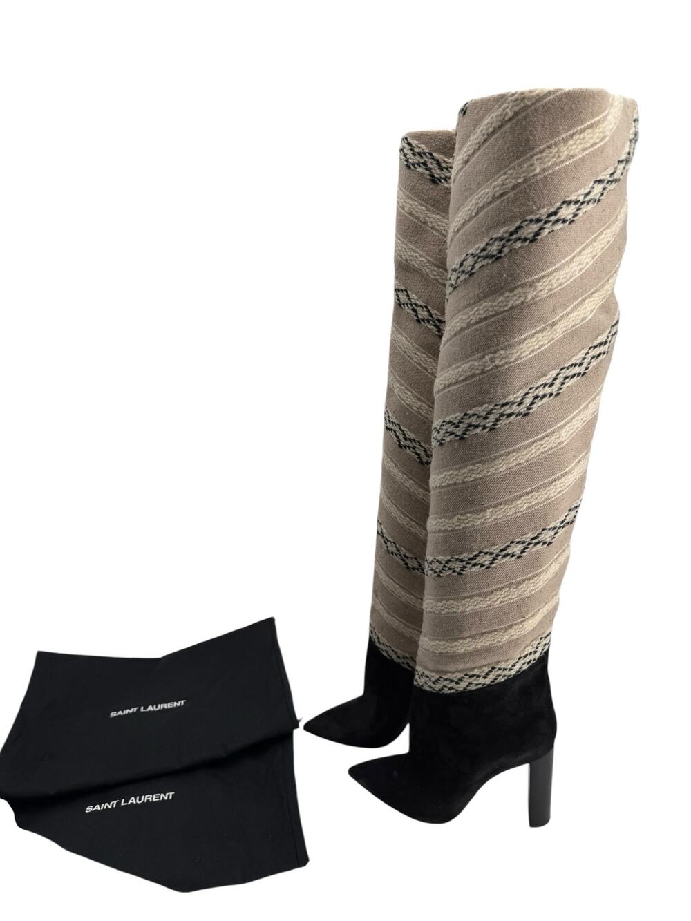 Saint Laurent Tanger Ikat Black Suede Thigh High Heeled Boots 40.5 EU